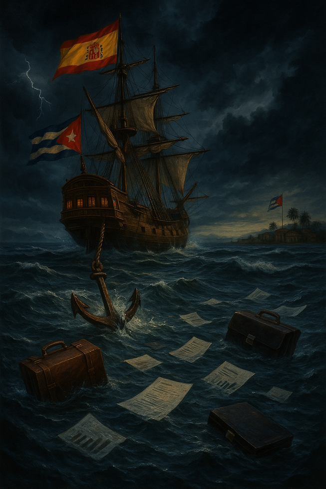 Velero antiguo con banderas en tormenta nocturna