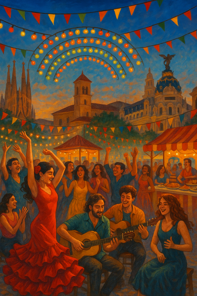 Fiesta española con flamenco y guitarras al atardecer